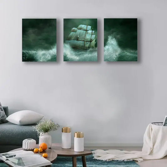 3pcs Ghost Ship At Sea, Dramatic Green Tones Metal Print Ready to Hang Art