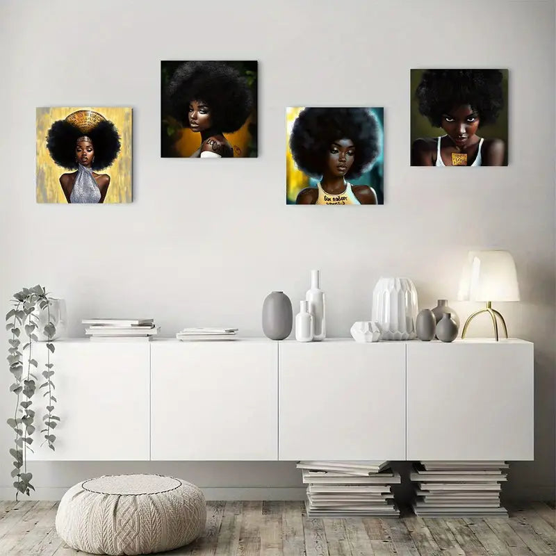 4pcs Black Queen Portraits With Empowering Words Wall Art Canvas Framed