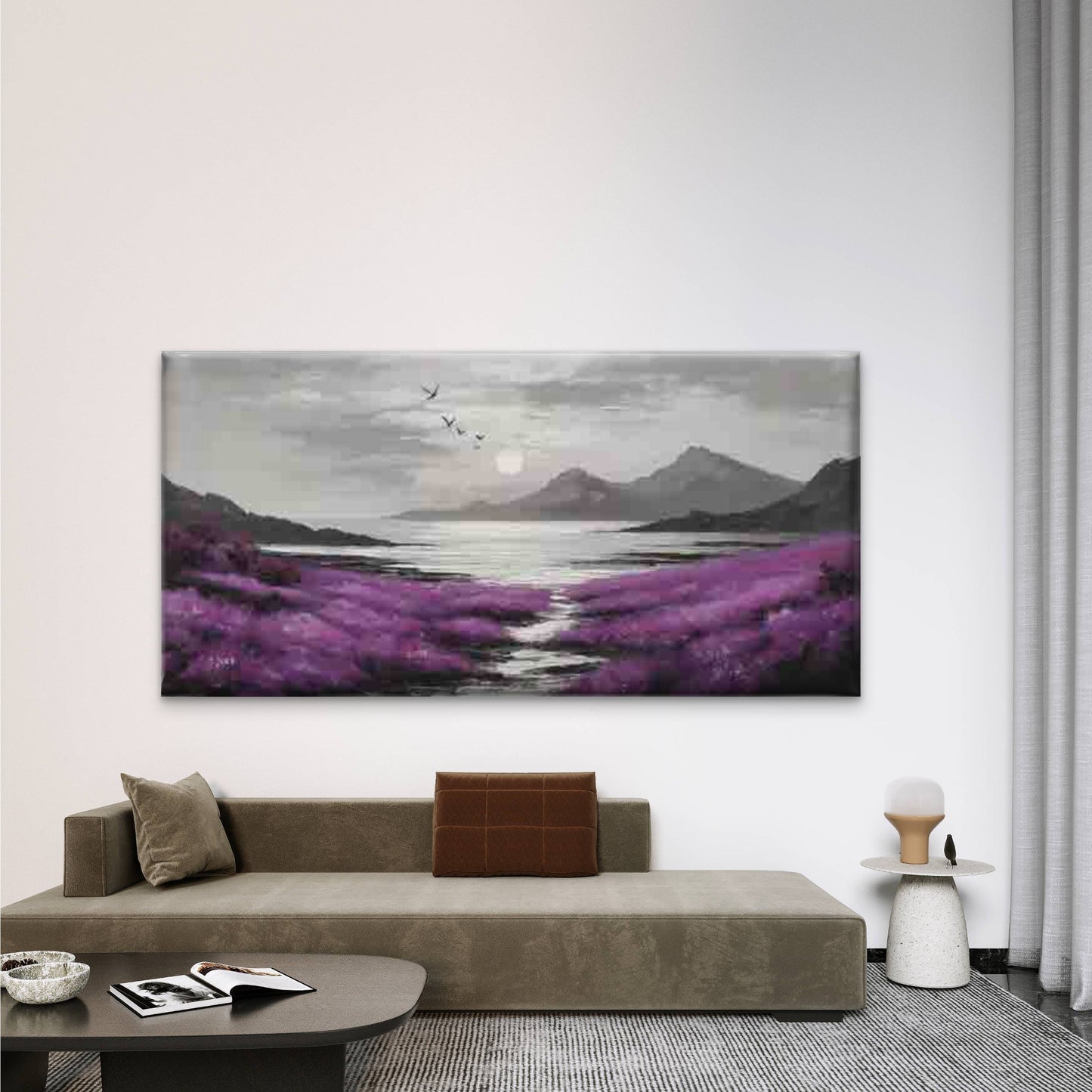 Purple Meadow & Mountain Sunset Wall Art Canvas Office Home Room Framed 120x60cm
