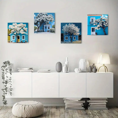 4pcs  Blue house under white treeWall Art Canvas Framed