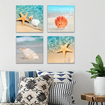 4pcs Starfish & Conch Shell Beach Themed Wall Art Canvas Framed