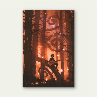 Young Man Playing Guitar in Fantasy Autumn Forest 60x90cm Metal Print Ready to Hang