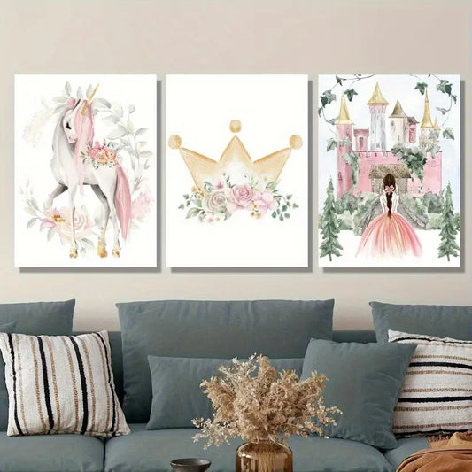 3pcs Pink Unicorn, Floral Castle & Watercolor PrincMetal Print Ready to Hang Art
