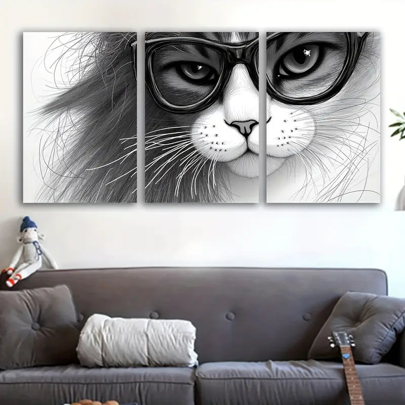 3pcs Black & White Glasses Cat Design Wall Art Set Canvas Framed 60x90cm - High Quality Print 100% Australian Made Wall Canvas Ready to Hang