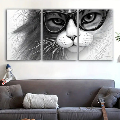 3pcs Black & White Glasses Cat Design Wall Art Set Canvas Framed 60x90cm - High Quality Print 100% Australian Made Wall Canvas Ready to Hang