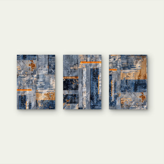 3pcs Modern Denim Blue Rust Art Painting Wall Art Set Canvas Framed 50x70cm - High Quality Print 100% Australian Made Wall Canvas Ready to Hang