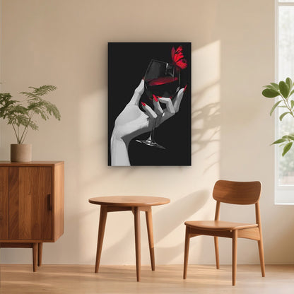 Hand Holding a Wine Glass with a Red Butterfly 60x90cm Metal Print Ready to Hang