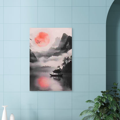 Chinese Ink Wash Style Landscape with Sunset 60x90cm Metal Print Ready to Hang - Bella Home Decor