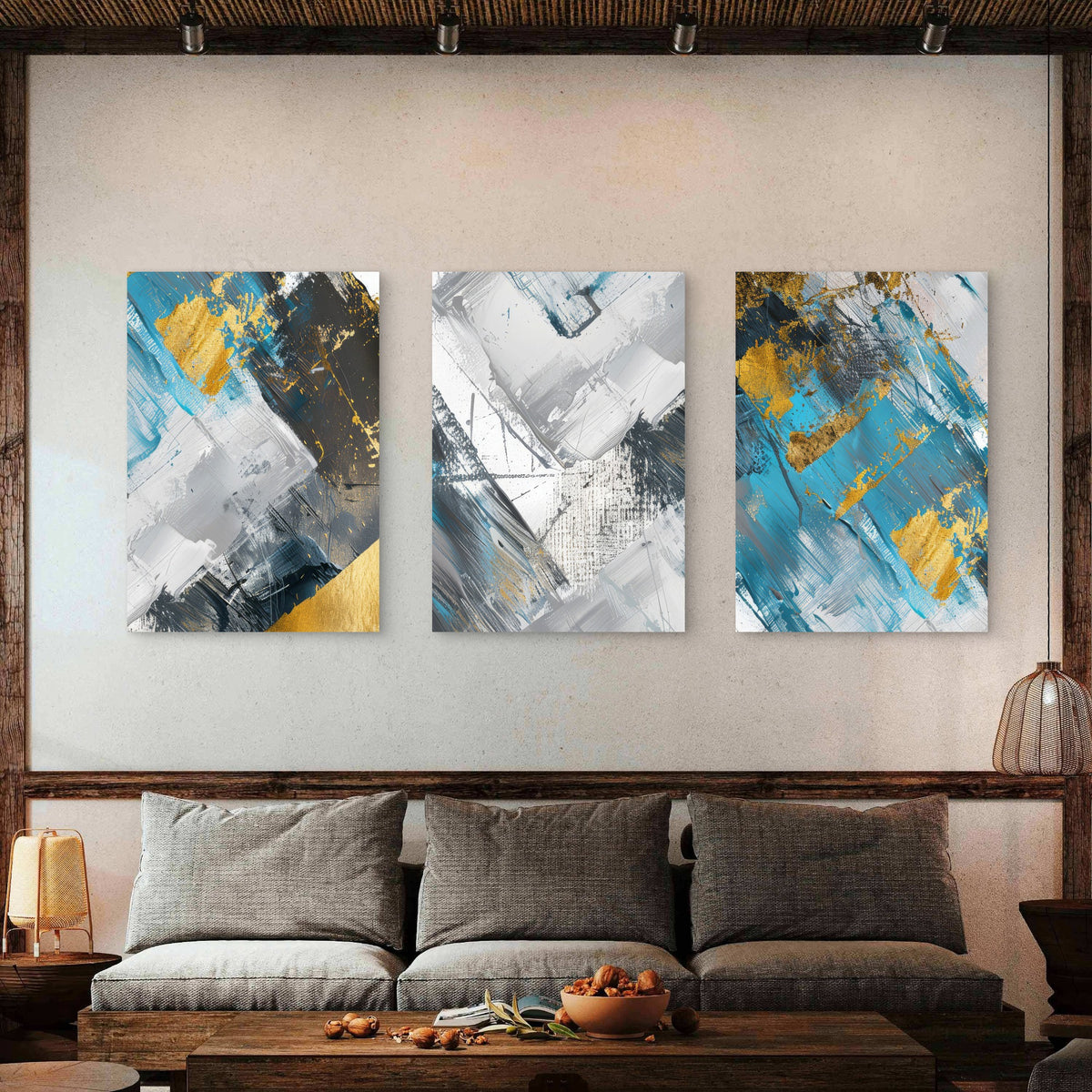3pcs Blue Grey Gold Textured Abstract Brush Metal Print Ready to Hang Art