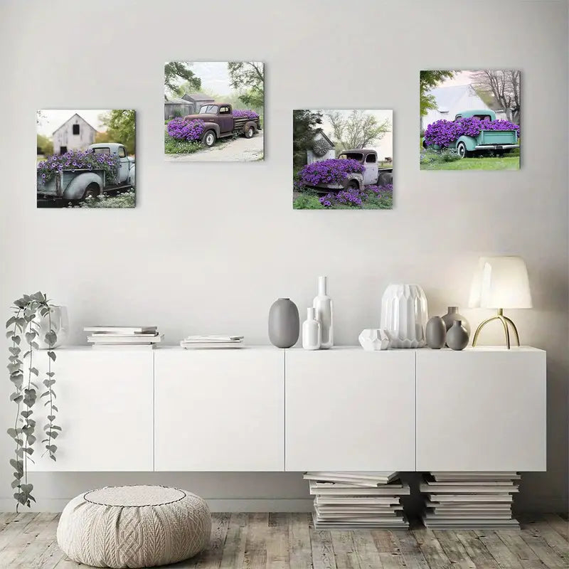 4pcs Vintage Rustic Barn & Old Truck Wall Art Canvas Framed (