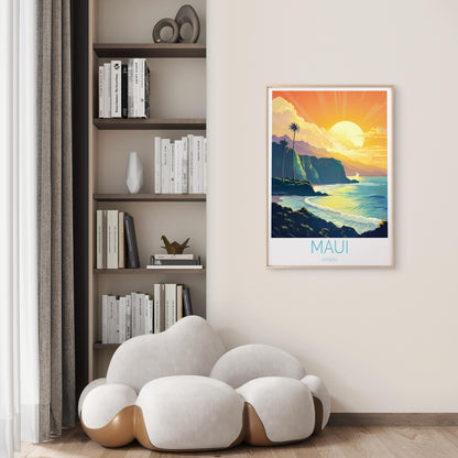 Maui Hawaii, Beach Palm Trees & Sunrise Travel Poster Print Wall Art