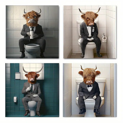 4pcs Highland Cow Drinking Coffee In Toilet Wall Art Canvas Framed