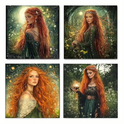 4pcs  Enchanting Red-Haired Goddess  Wall Art Canvas Framed