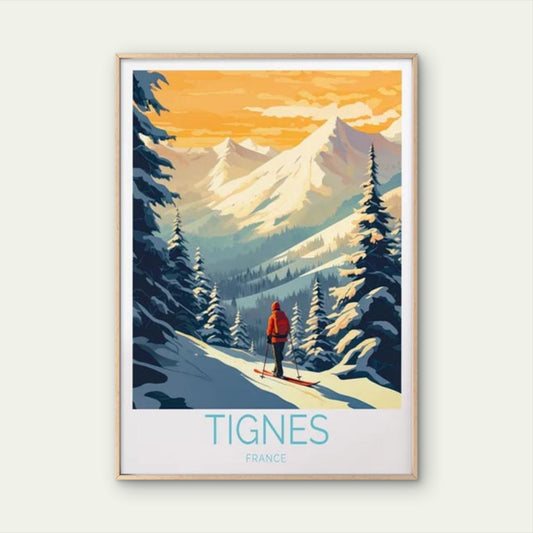 Tignes France, Snow Mountains & Ski Man Travel Poster Print Wall Art