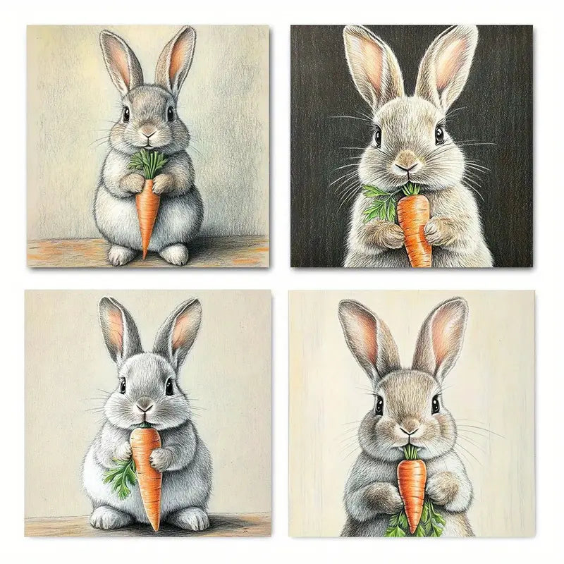 4pcs   Vintage Rabbit & Carrot Canvas Art Prints    Wall Art Canvas Framed