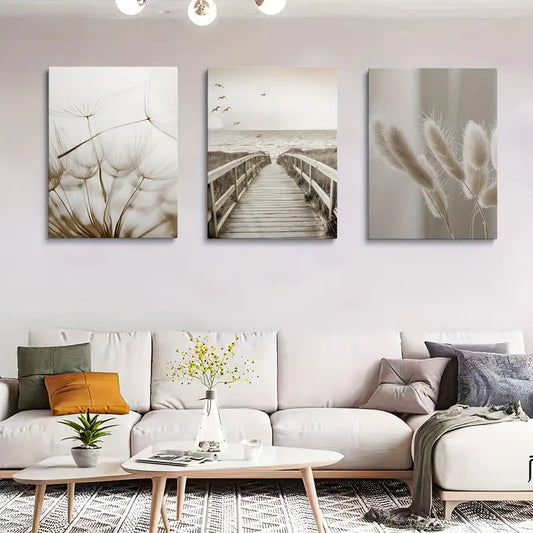 3pcs Coastal Sunset & Beach Pier Scenery, Wildflower & Plant Metal Print Ready to Hang Art
