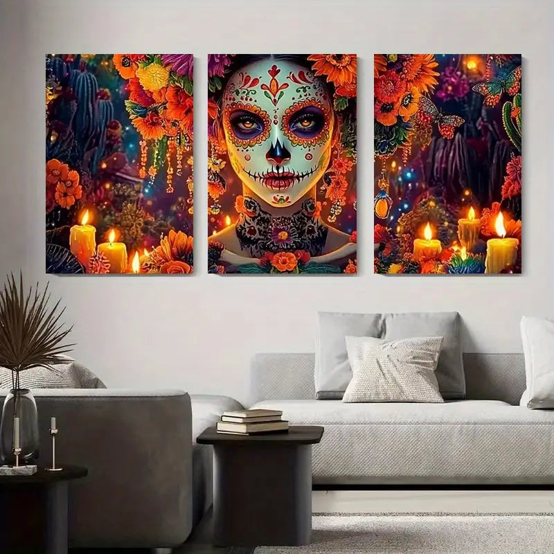 3pcs Vibrant Mexican Sugar Skull Floral Metal Print Ready to Hang Art