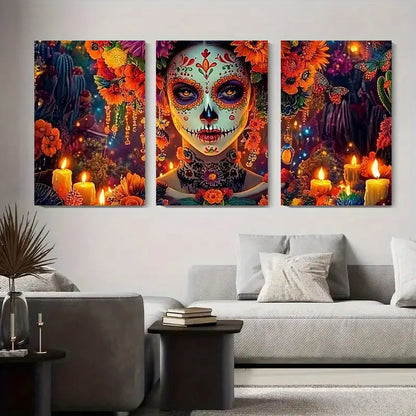 3pcs Vibrant Mexican Sugar Skull Floral Metal Print Ready to Hang Art