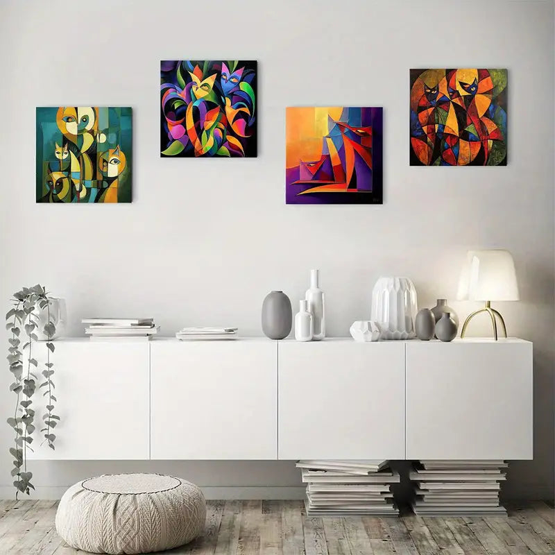 4pcs Abstract  Perfect Cat Wall Art Canvas Framed