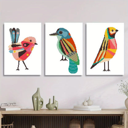 3pcs Geometric birds cross stitch pattern animal Metal Print Ready to Hang Art