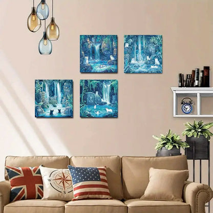 4pcs Mysterious Jungle Cat Pond  MJ  Wall Art Canvas Framed