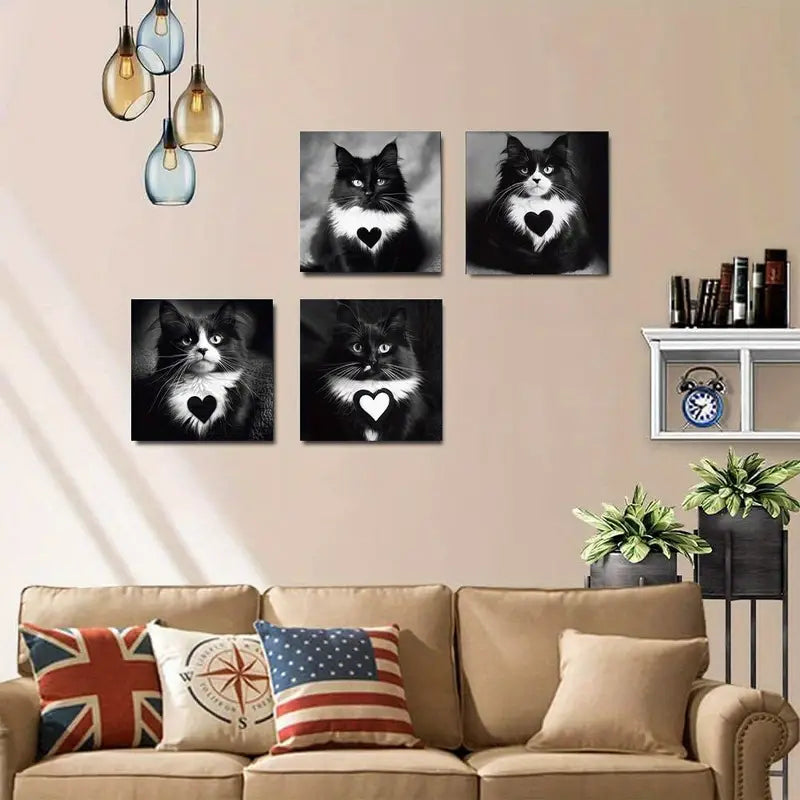 4pcs Chic Black & White Cat   Wall Art Canvas Framed