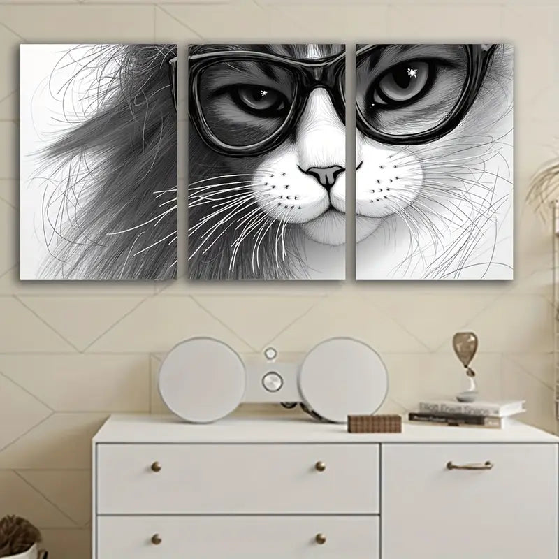 3pcs Black & White Glasses Cat Design Wall Art Set Canvas Framed 60x90cm - High Quality Print 100% Australian Made Wall Canvas Ready to Hang