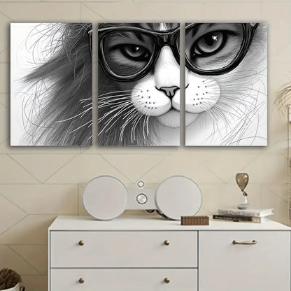 3pcs Black & White Glasses Cat Design Wall Art Set Canvas Framed 60x90cm - High Quality Print 100% Australian Made Wall Canvas Ready to Hang