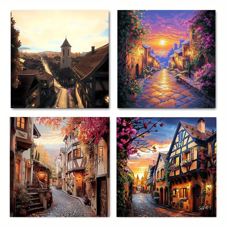 4pcs Evening Town Scener Canvas Art Prints  Wall Art Canvas Framed