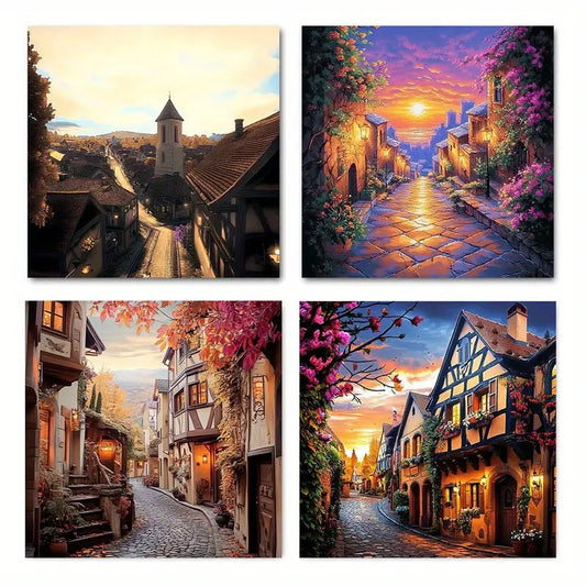 4pcs Evening Town Scener Canvas Art Prints  Wall Art Canvas Framed