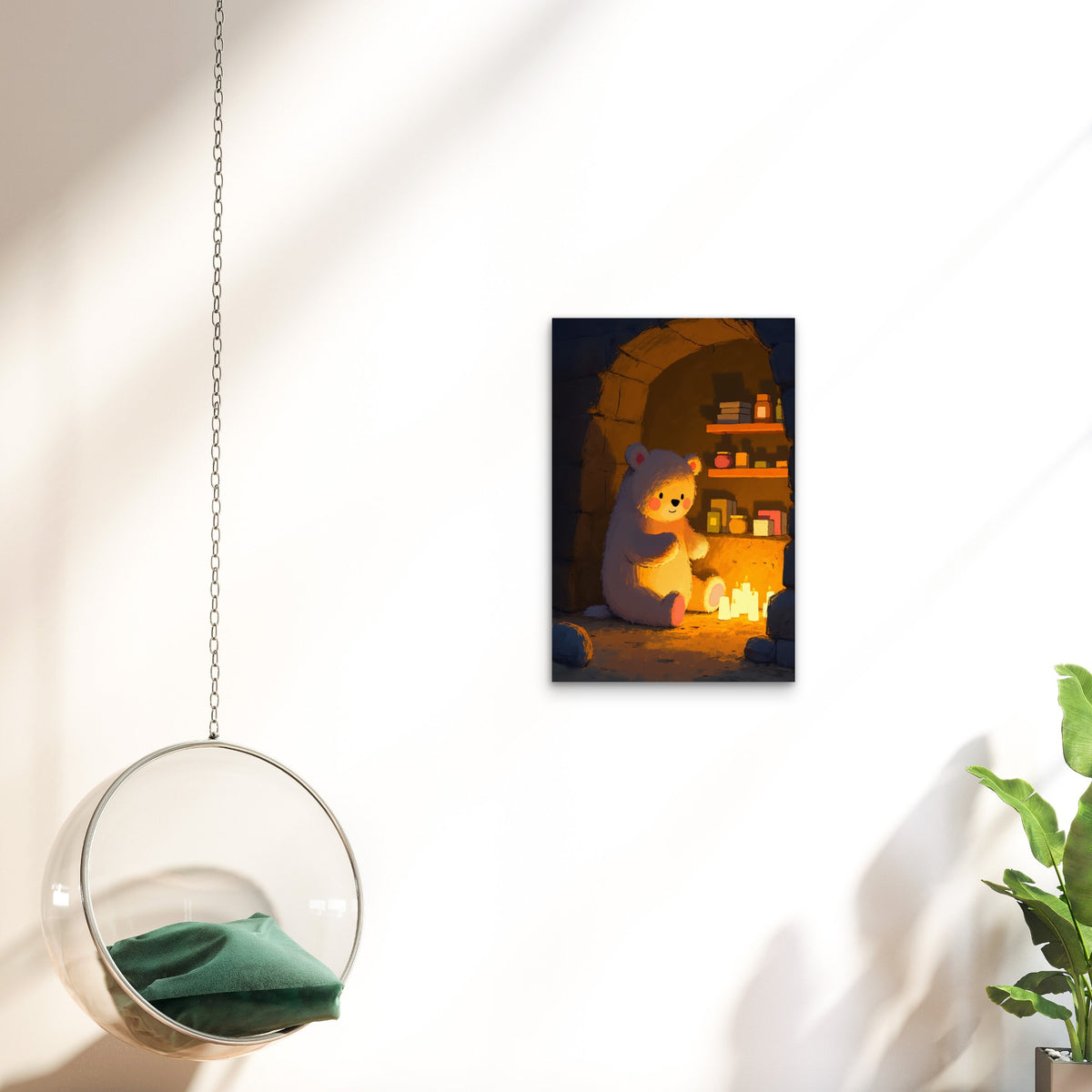 Cozy Bear in Stone Room with Candles 40x60cm Metal Print Ready to Hang