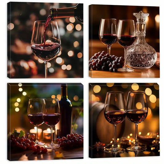 4pcs  Grapes Square Red Wine  Wall Art Canvas Framed