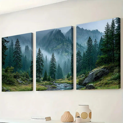 3pcs Canadian Forest Misty Stream Scene Wall Art Set Canvas Framed 60x90cm - High Quality Print 100% Australian Made Wall Canvas Ready to Hang