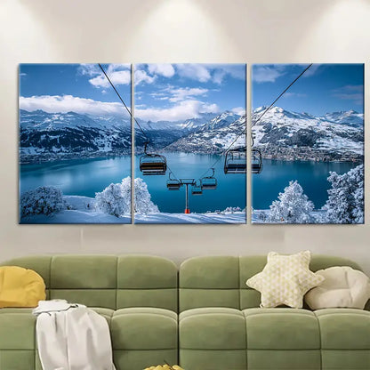 3pcs Klosters Davos Ski Resort Lake Wall Art Set Canvas Framed 60x90cm - High Quality Print 100% Australian Made Wall Canvas Ready to Hang