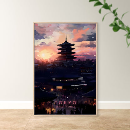 Japanese Tokyo Sensoji Temple Sunset Travel Poster Print Wall Art