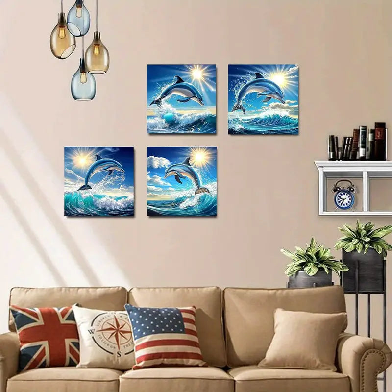 4pcs Vibrant Marine Life & Jumping DolphinsWall Art Canvas Framed