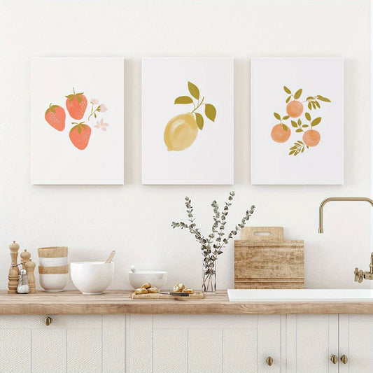 3pcs Watercolor Strawberry, Pear, Apple Classic Design Metal Print Ready to Hang Art
