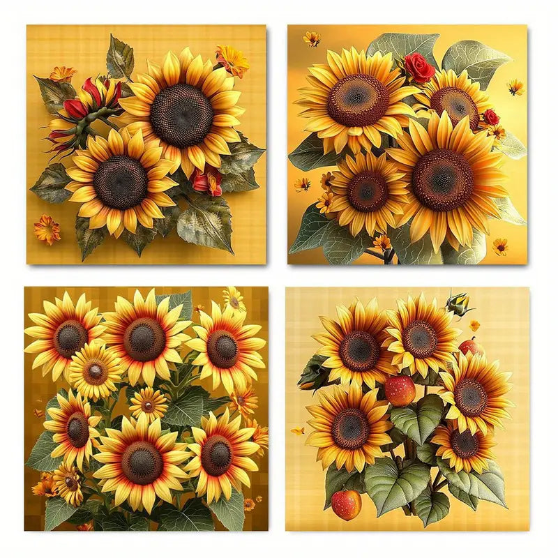 4pcs Sunflower & Rose Botanical Decor, Wall Art Canvas Framed