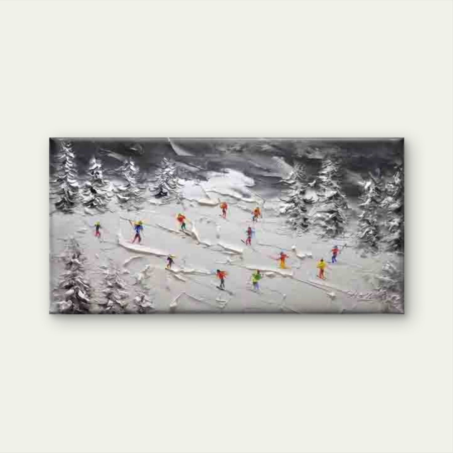 Skiers in Snowy Mountain Forest Wall Art Canvas Office Home Room Framed 120x60cm