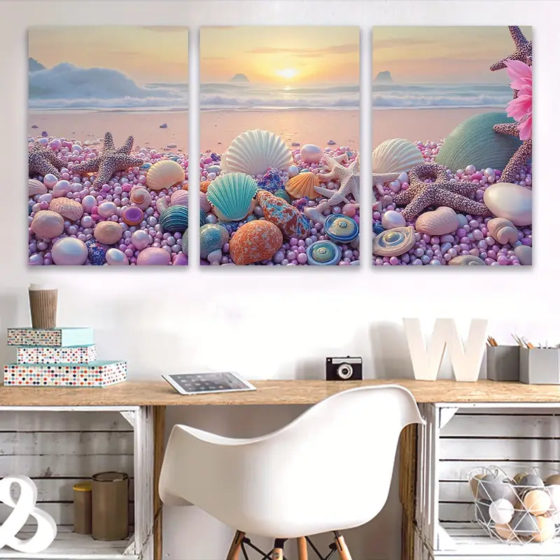 3pcs Seashells and Starfish Beach Decor Art Wall Art Set Canvas Framed 50x70cm - High Quality Print 100% Australian Made Wall Canvas Ready to Hang