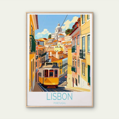 Lisbon Portugal, Train & Colorful House Travel Poster Print Wall Art