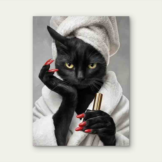 Funny Black Cat Close Up Glam Bathroom 60x90cm Metal Print Ready to Hang