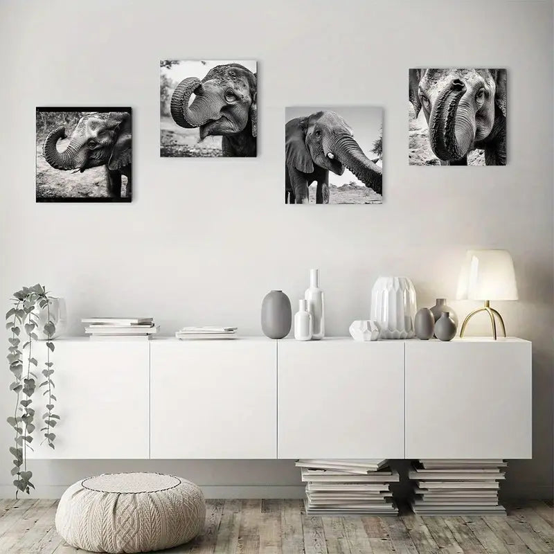 4pcs  Cute Elephant Picture Quality Texture  Q  Wall Art Canvas Framed
