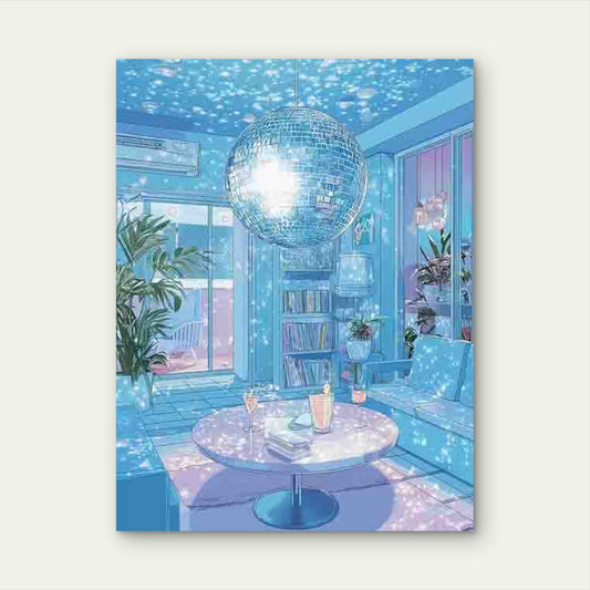 College Apartment with a Blue Disco Theme 60x90cm Metal Print Ready to Hang