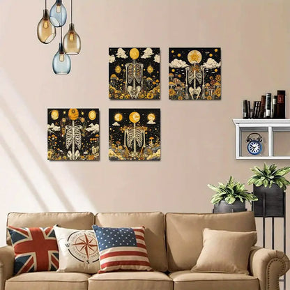 4pcs  Featuring Sun, Stars, and Floral Patterns  Wall Art Canvas Framed