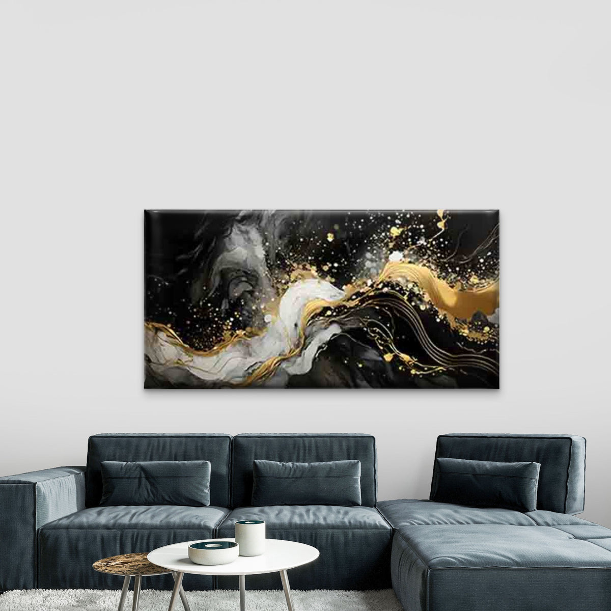 Flowing Lines in Golden, White Wall Art Canvas Office Home Room Framed 120x60cm