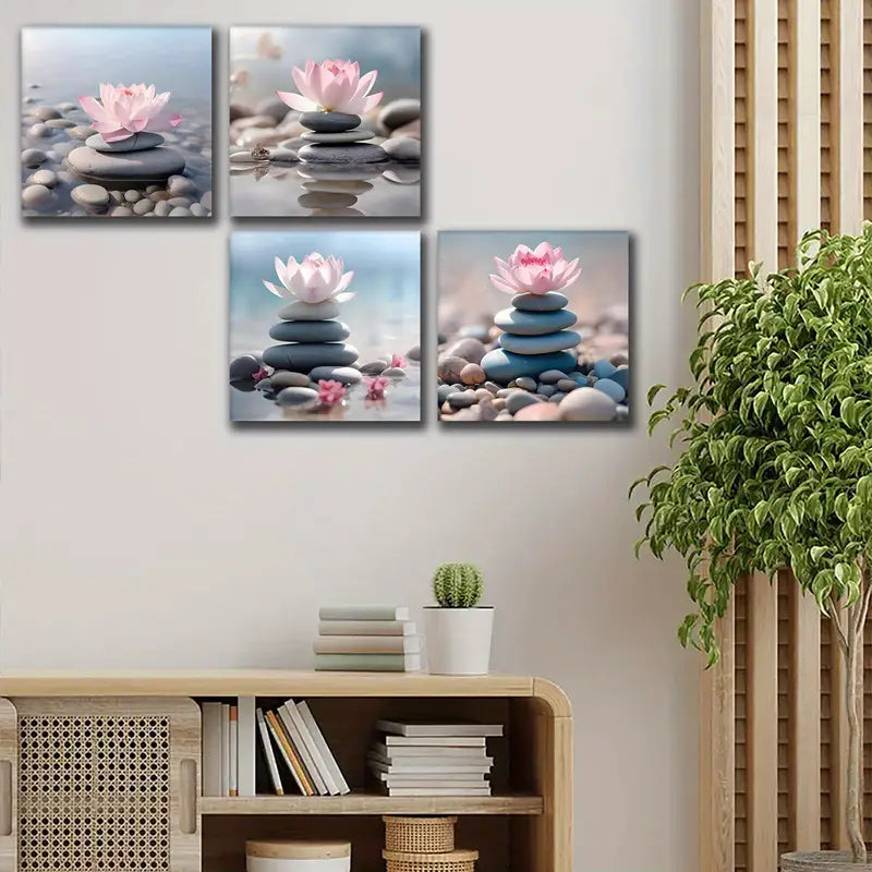 4pcs Pink for Lotus Stacked Zen Stones Wall Art Canvas Framed