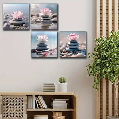 4pcs Pink for Lotus Stacked Zen Stones Wall Art Canvas Framed