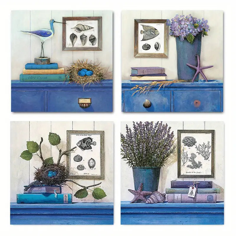 4pcs  Vintage Blue  Lavender & Nature Themes   Wall Art Canvas Framed
