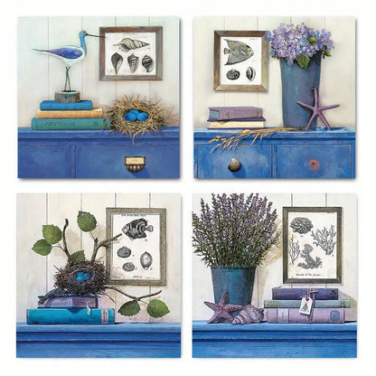 4pcs  Vintage Blue  Lavender & Nature Themes   Wall Art Canvas Framed